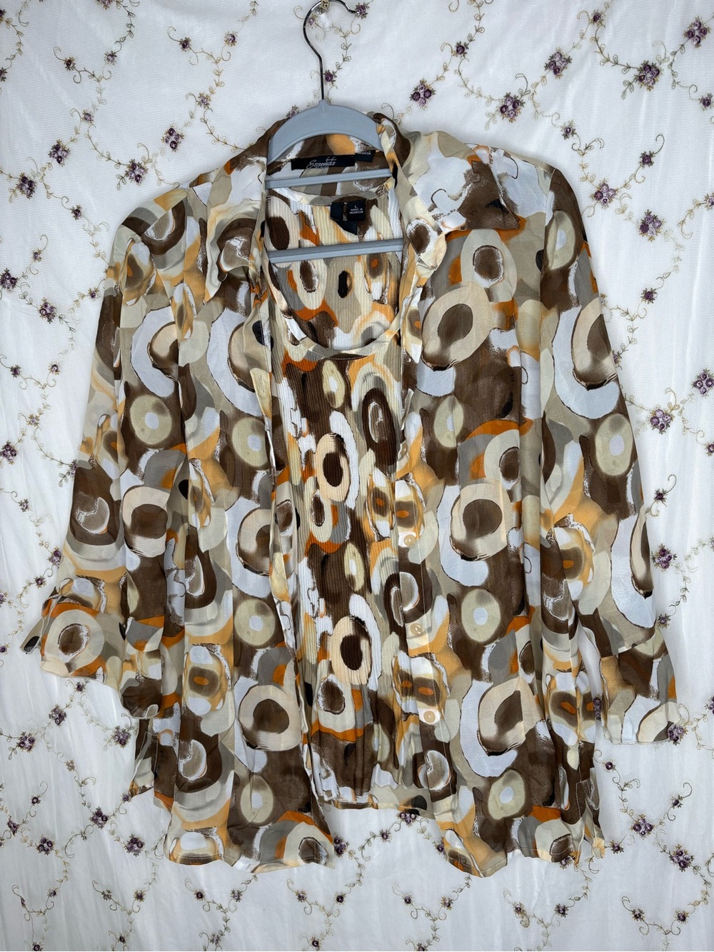 Essentials Brown & Cream Abstract Circle Button-Front Blouse